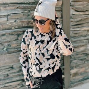 CABI Top Women Size L Black Peach Turtleneck Mesh Long Sleeve Sheer Floral Rayon